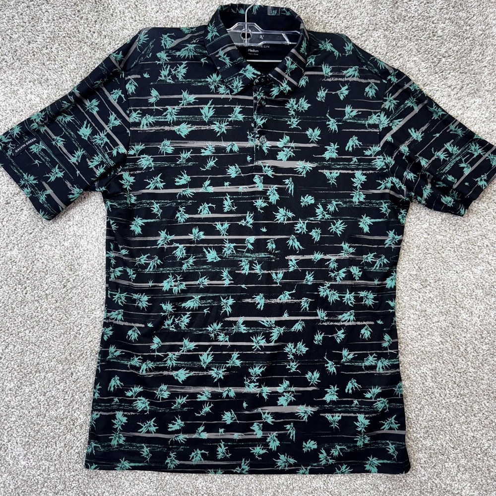 Galvin Green Polo Shirt Men Medium Black Botanical Floral Print Short Sleeve EUC